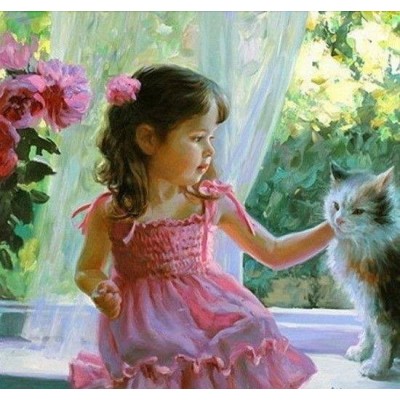 Диамантен гоблен Момиченце и коте на прозореца